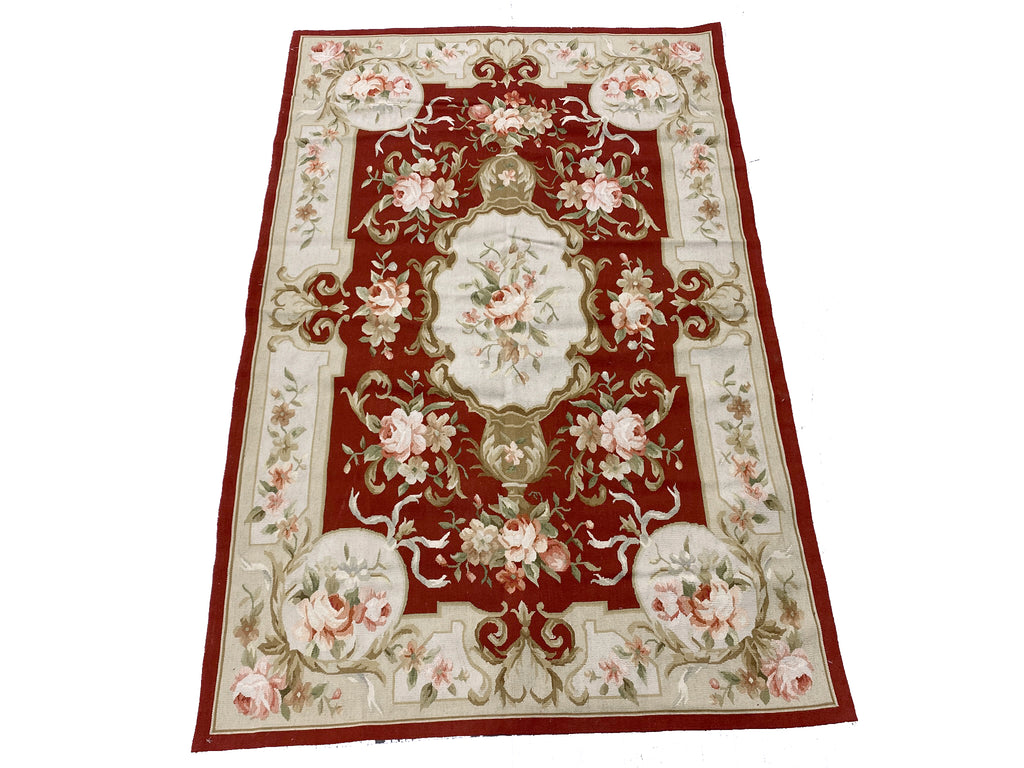 4.0 x 6.0 Fine Flat Aubusson Weave Rug French Aubusson BURGUNDY  #F-6918