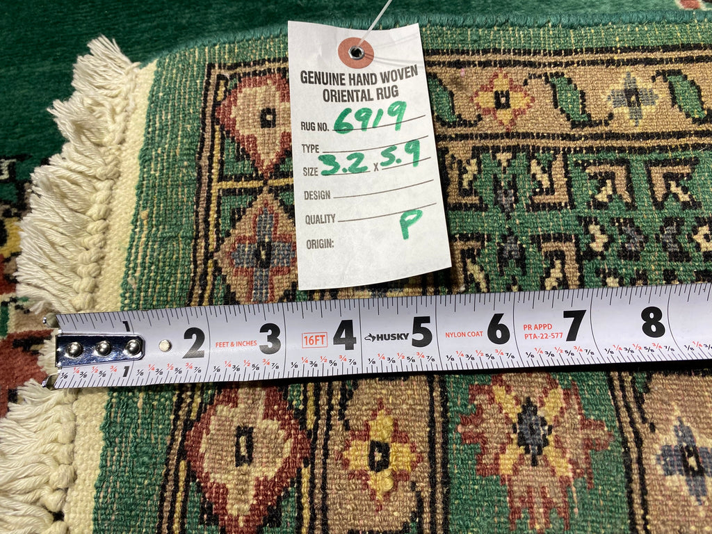 3.2 x 5.9 GREEN Handmade Signed Jaldar Bokhara Rug Fine Silky Wool  #F-6919