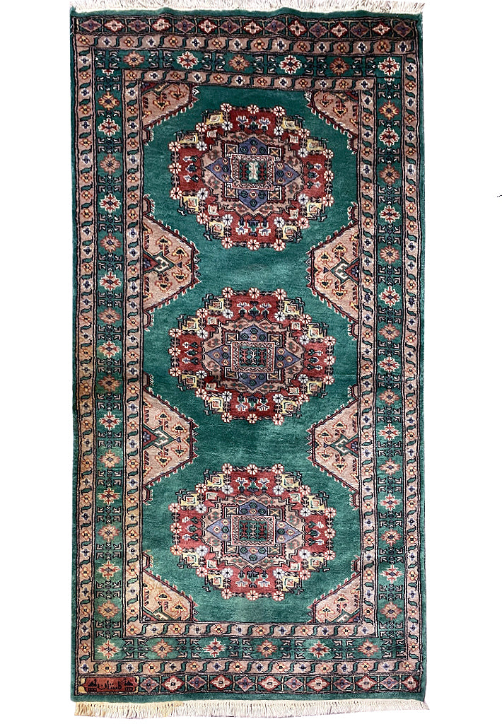 3.2 x 5.9 GREEN Handmade Signed Jaldar Bokhara Rug Fine Silky Wool  #F-6919