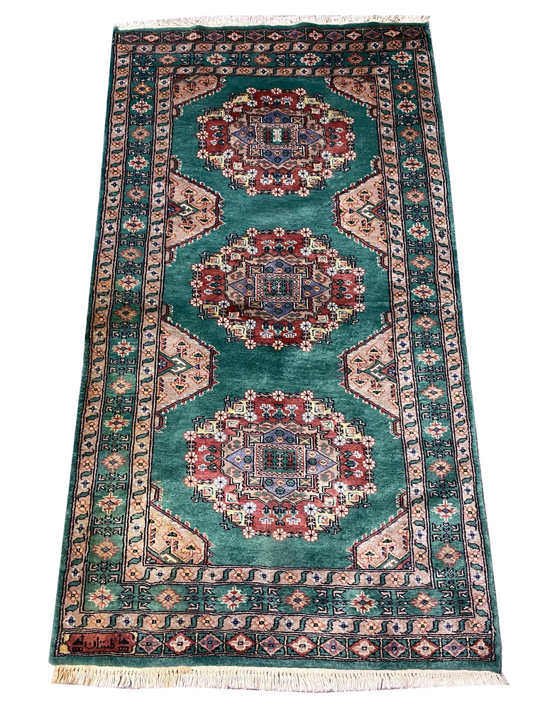 3.2 x 5.9 GREEN Handmade Signed Jaldar Bokhara Rug Fine Silky Wool  #F-6919