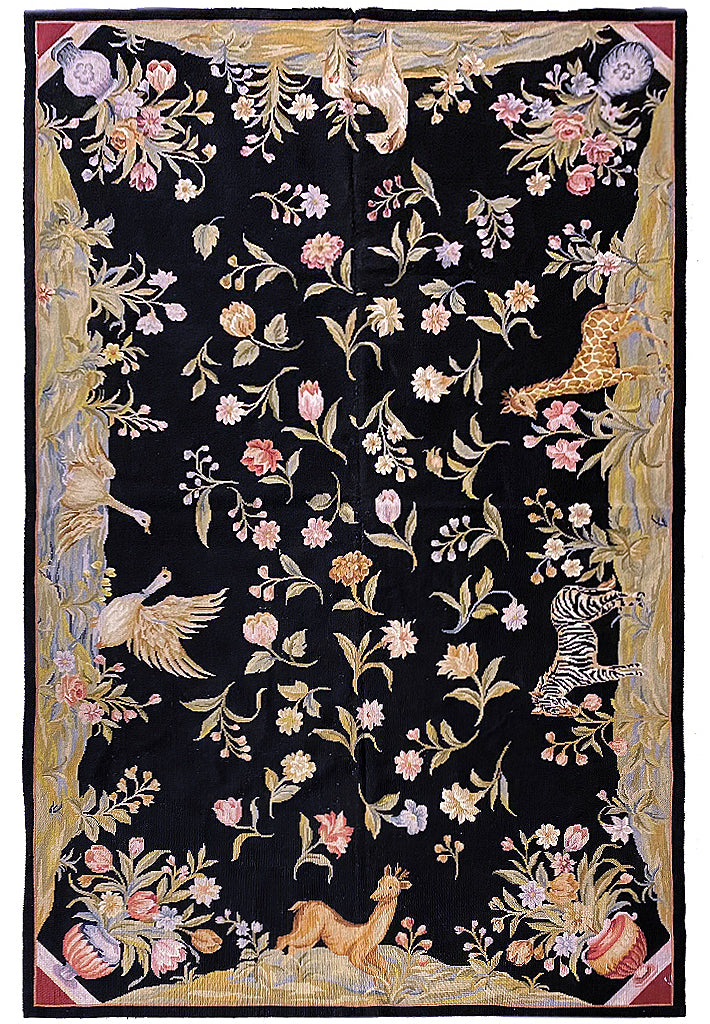 5.0 x 8.0 Tropical Needle Point Rug Deers Ducks BLACK  #F-6922