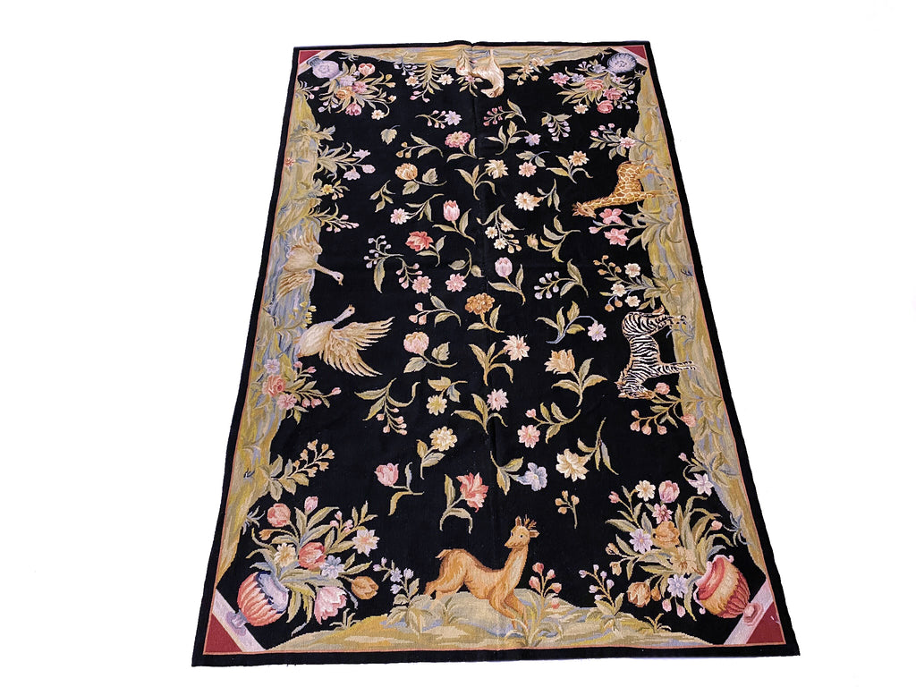 5.0 x 8.0 Tropical Needle Point Rug Deers Ducks BLACK  #F-6922