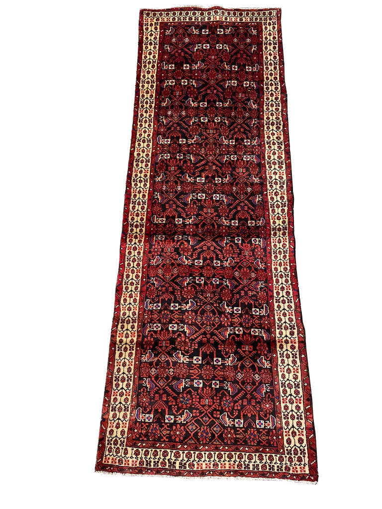3.7 x 10.1 Dark Red Traditional Persian Herati Runner Rug 7110