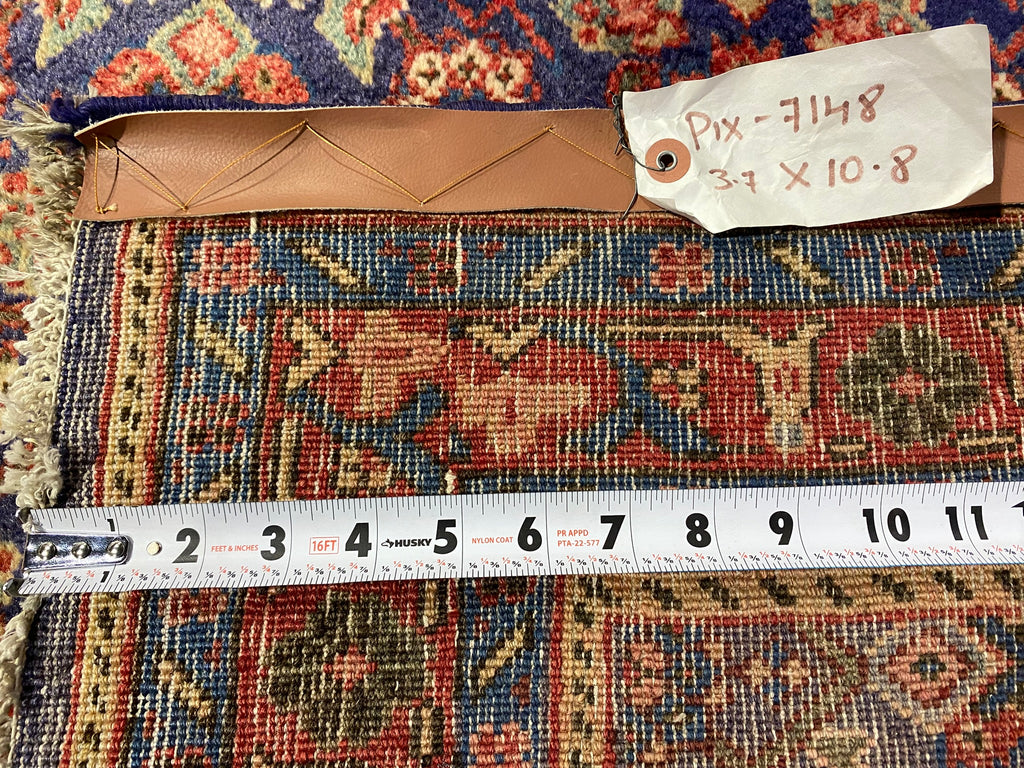 3.7 x 10.8 Royal Blue Persian Hand-Knotted Construction Herati Runner Rug 7148