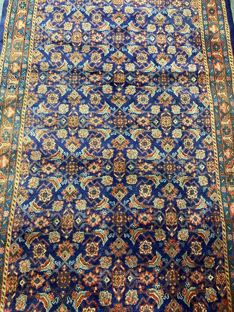 3.7 x 10.8 Royal Blue Persian Hand-Knotted Construction Herati Runner Rug 7148