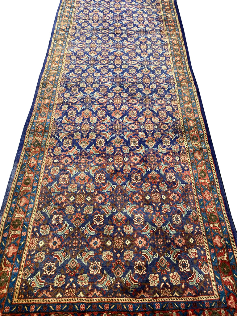 3.7 x 10.8 Royal Blue Persian Hand-Knotted Construction Herati Runner Rug 7148
