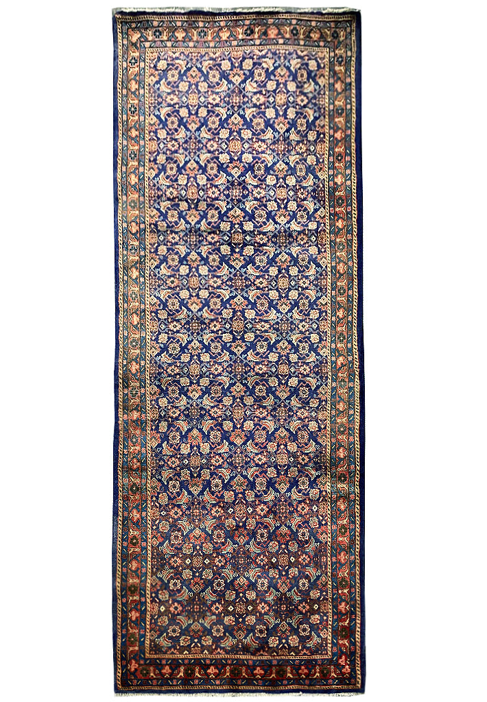 3.7 x 10.8 Royal Blue Persian Hand-Knotted Construction Herati Runner Rug 7148