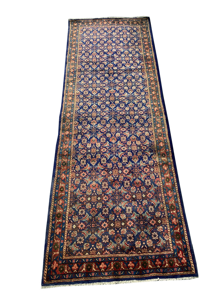 3.7 x 10.8 Royal Blue Persian Hand-Knotted Construction Herati Runner Rug 7148