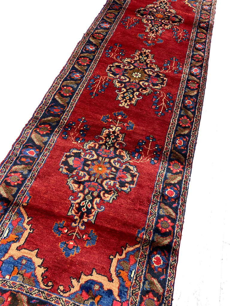 3.6 x 11 Red Traditional Persian Hamadan Runner Rug 7173
