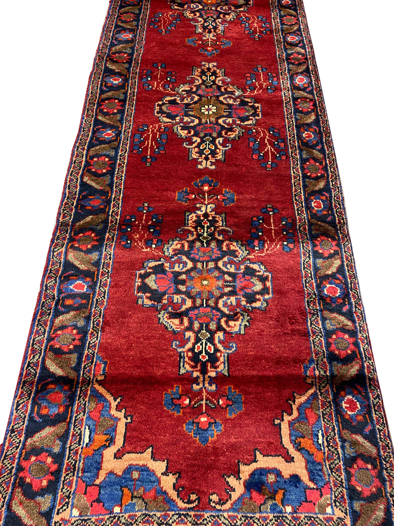 3.6 x 11 Red Traditional Persian Hamadan Runner Rug 7173