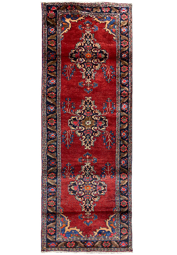 3.6 x 11 Red Traditional Persian Hamadan Runner Rug 7173