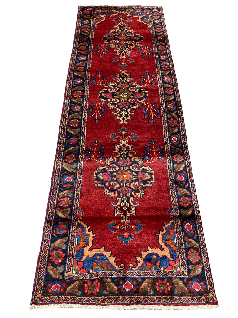3.6 x 11 Red Traditional Persian Hamadan Runner Rug 7173