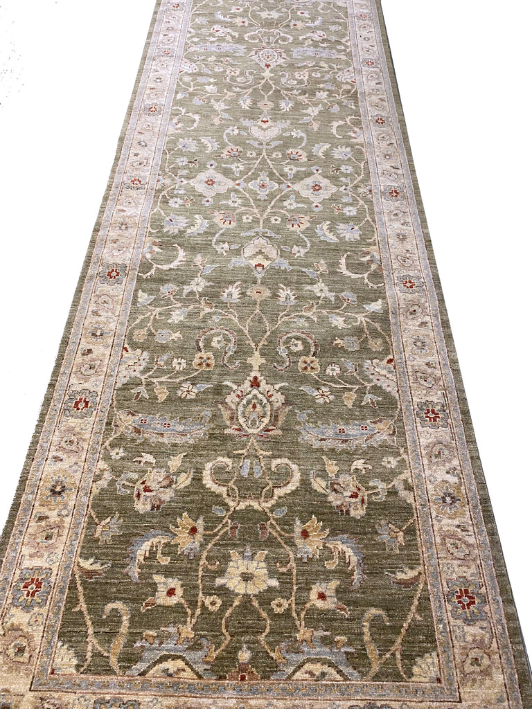 4 x 11.10 Green Handmade Peshawar Ziegler Rug 15176 New