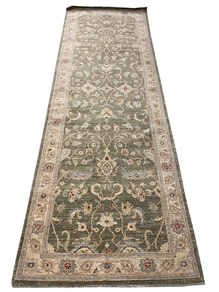 4 x 11.10 Green Handmade Peshawar Ziegler Rug 15176 New
