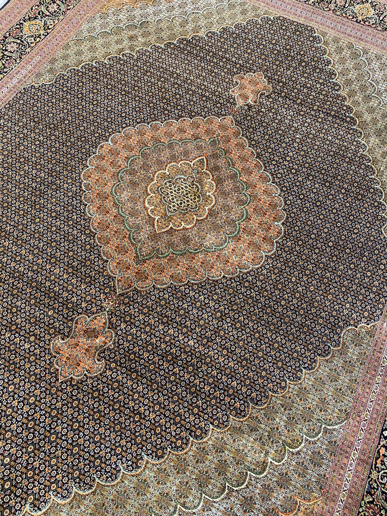 10 x 13.2 Black Persian Wool & Silk Tabriz Mahi Rug 79978