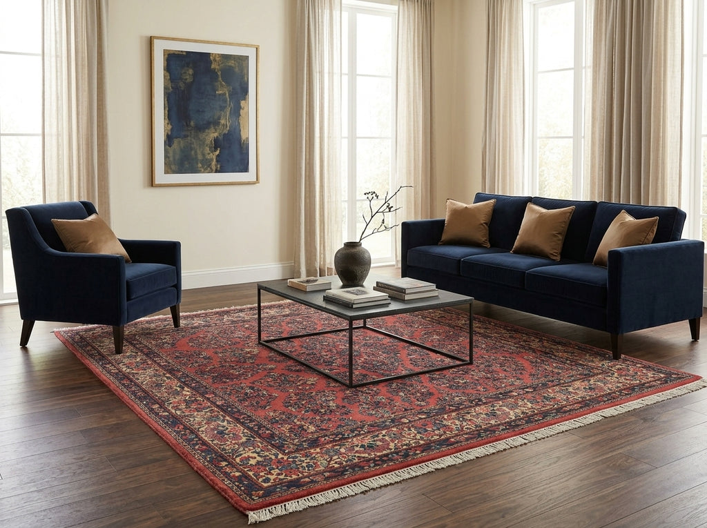 7 x 7.6 Dark Salmon Fine Persian Sarouk square Rug - view 2