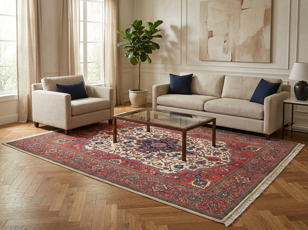 7 x 8.8 Ivory Fine Persian Lilihan Sarouk Rug 72370