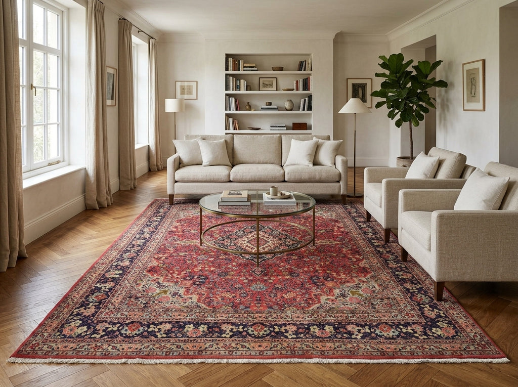 7 x 9.4 Soft Tomato Red Persian Qom Sarouk Rug 72756