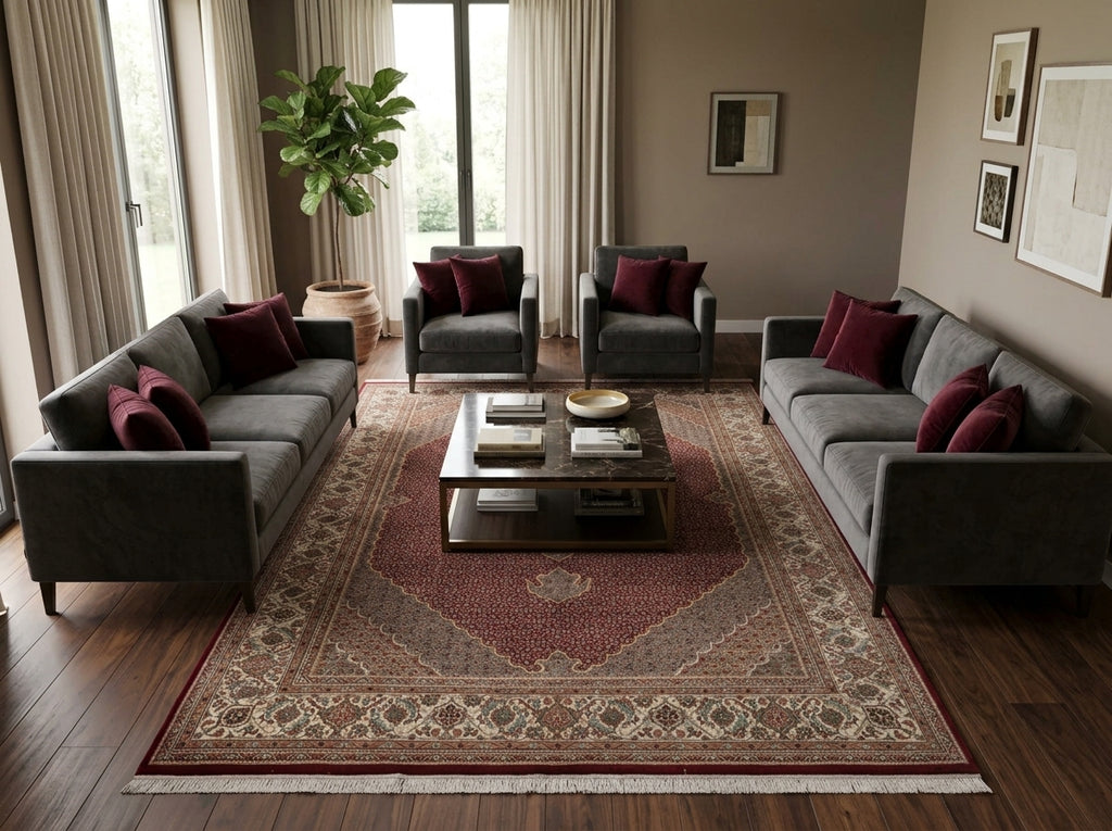 6.9 x 10 Ruby Red Wool & Silk Tabriz Mahi Rug - view 2