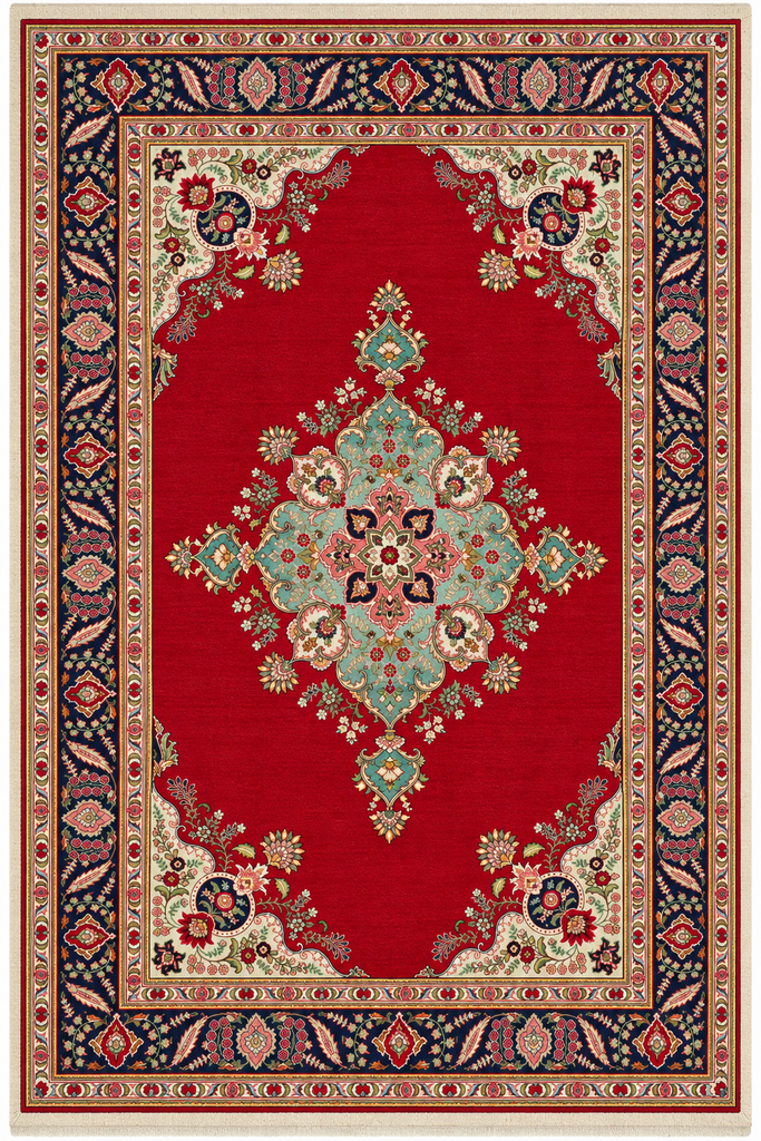 A traditional oriental-style area rug with a vibrant red center field, a large central medallion in muted green and gold, and an ornate navy blue border with floral motifs.