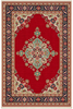 Load image into Gallery viewer, A traditional oriental-style area rug with a vibrant red center field, a large central medallion in muted green and gold, and an ornate navy blue border with floral motifs.