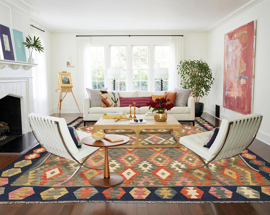 8.5 x 9.7 BLACK GREEN MULTI COLOR Natural Wool Vegetable Dye Kilim Flat Weave Handmade Rug #P1010