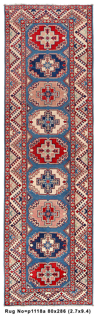 2.7 x 9.5 Wool Genuine Kazak Handmade Pakistan Rug LIGHT BLUE #P1118
