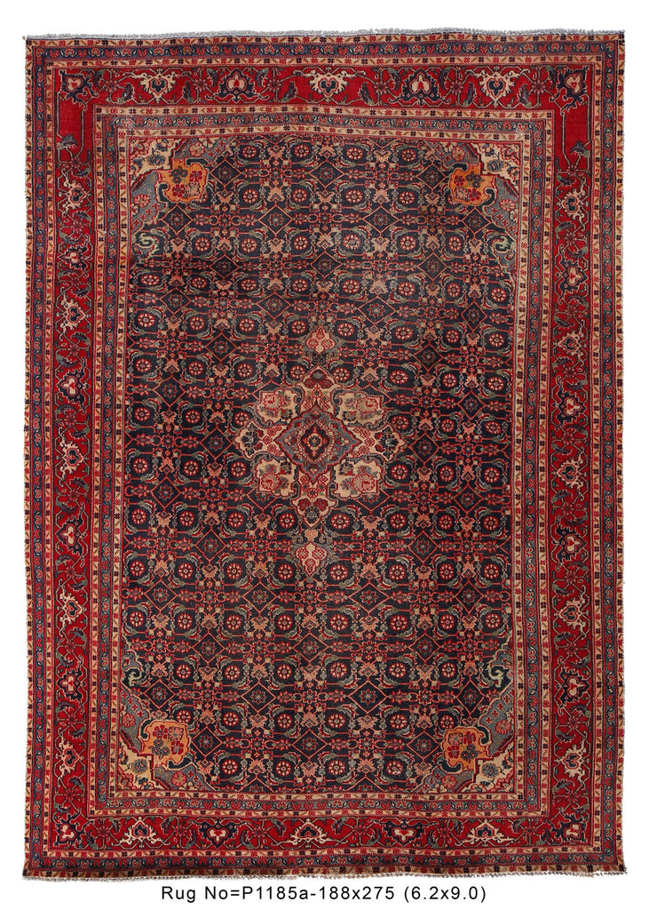 6.2 x 9 OLD Persian Bijar Rug Low Pile #P-1185