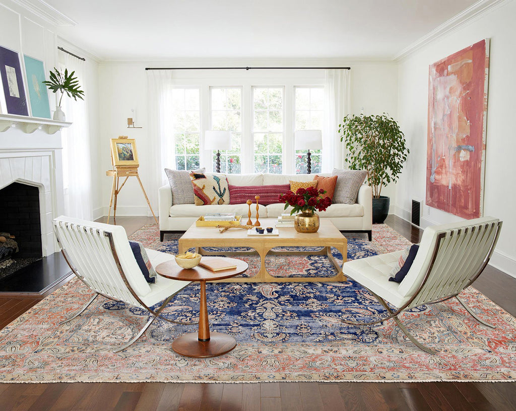 9.4 x 12.0 Vintage Persian Rug Low Pile Blue Coral #P1251