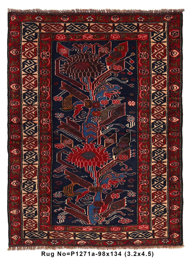 3.2 x 4.5 Handmade Wool tribal Rug Dark Blue #P1271
