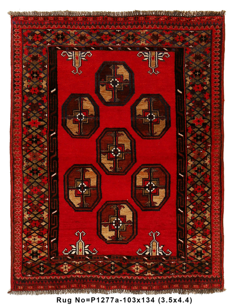3.5 x 4.4 Afghan Turkman Bokhara Wool Rug #P1277