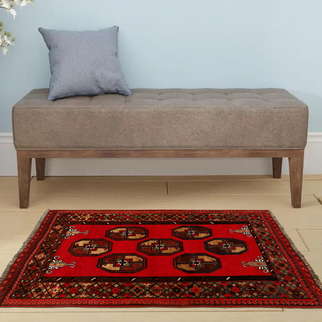 3.5 x 4.4 Afghan Turkman Bokhara Wool Rug #P1277