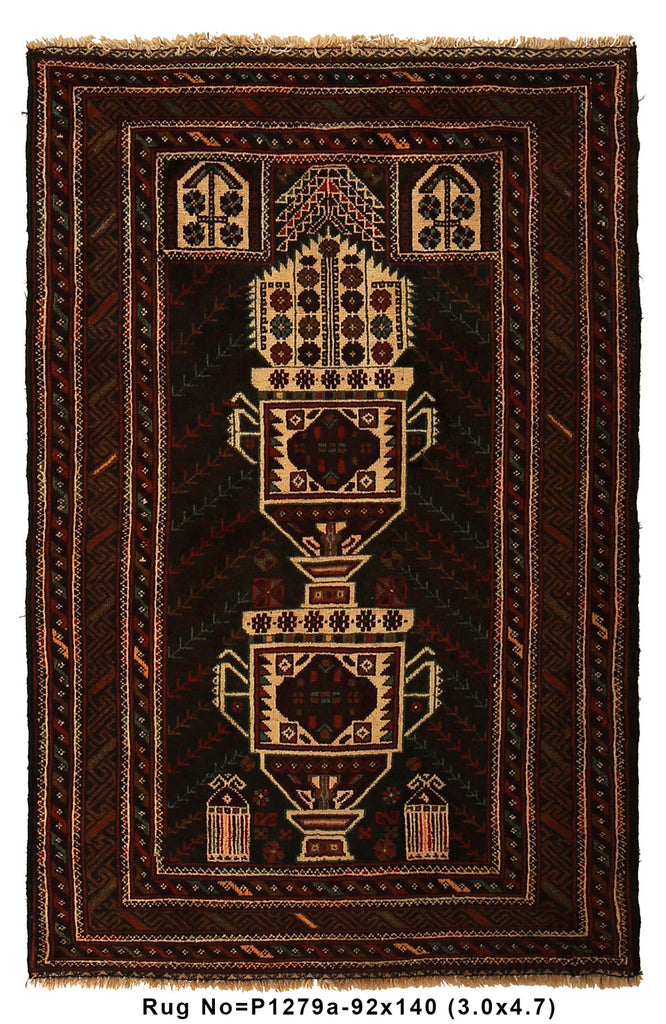 3 x 4.7 Black tribal Wool afghan Baluch Rug #P1279