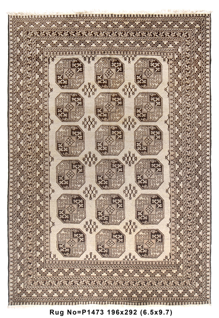 6.5 x 9.7 Authentic Turkman Bokara Wool Rug Hand-Knotted Afghan Capet NEUTRALS #P1473