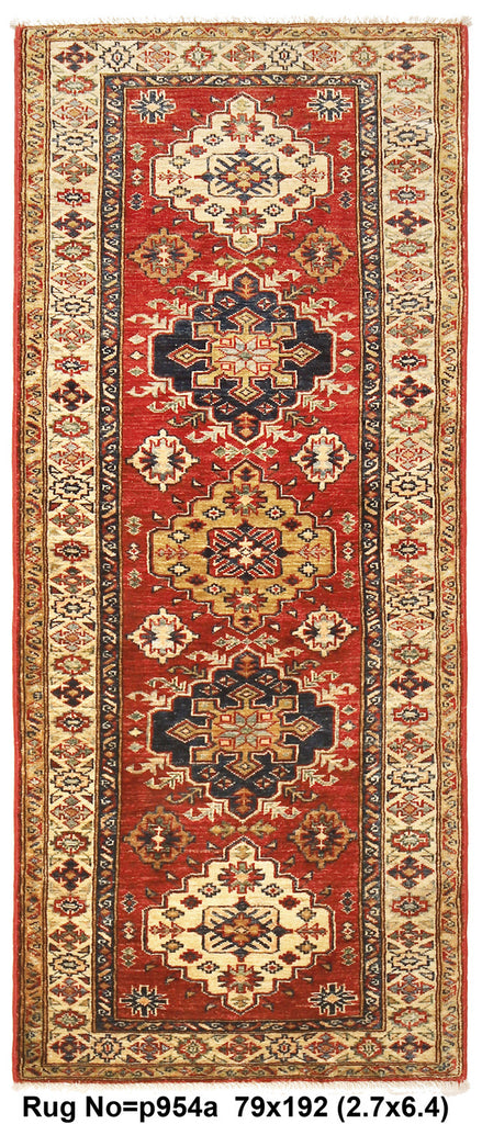 2.7 x 6.4 Quality Super Kazak Runner Handmade Soft Silky Fine Wool #P954