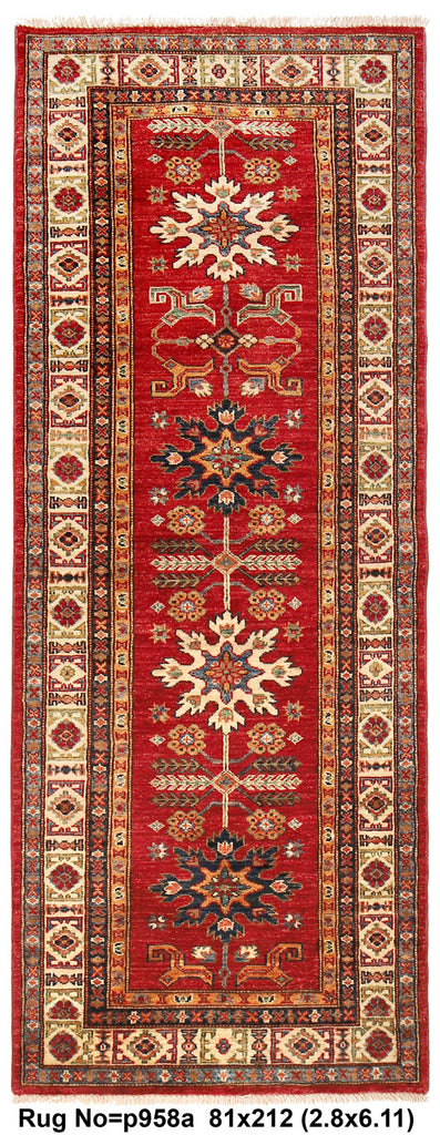 2.8 x 7 Quality Super Kazak Runner Handmade Soft Silky Fine Wool #P958