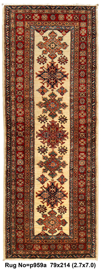 2.7 x 7 Quality Super Kazak Runner Handmade Soft Silky Finer Wool IVORY #P959