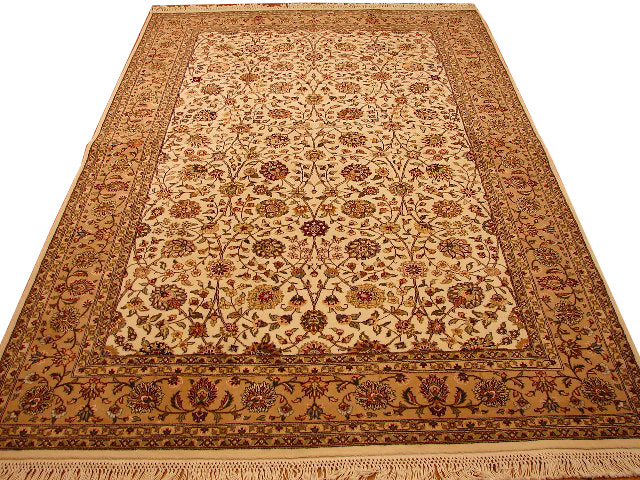 5.10 x 9 Silk & Wool Sino Tabriz Quality Handmade Rug Ivory Tan #PIX-13831