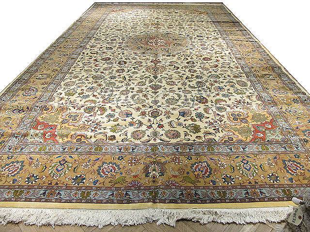 9.2 x 18.2 Fine Persian Tabriz Rug IVORY GOLD BIRD DEERS #PIX-15560