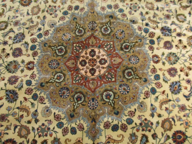 9.2 x 18.2 Fine Persian Tabriz Rug IVORY GOLD BIRD DEERS #PIX-15560