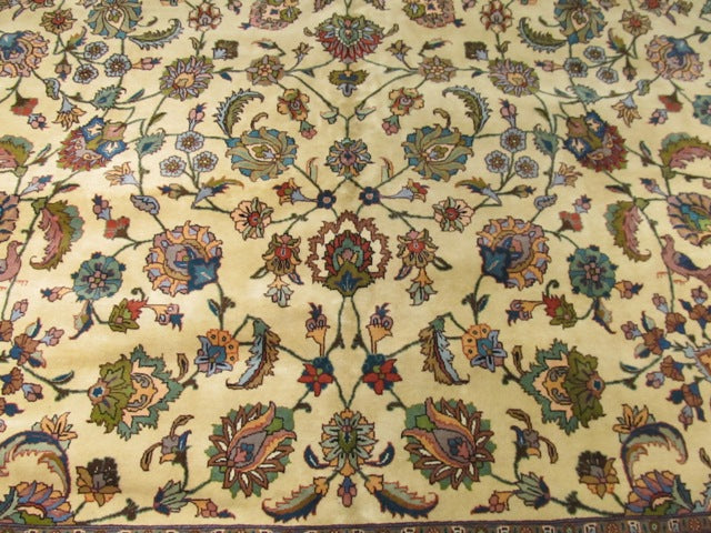 9.2 x 18.2 Fine Persian Tabriz Rug IVORY GOLD BIRD DEERS #PIX-15560