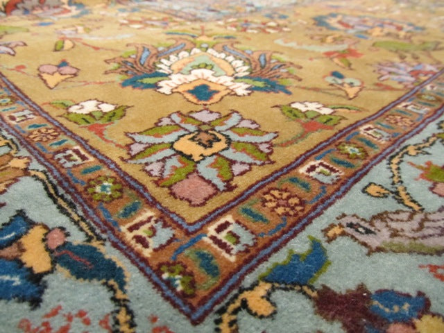 9.2 x 18.2 Fine Persian Tabriz Rug IVORY GOLD BIRD DEERS #PIX-15560