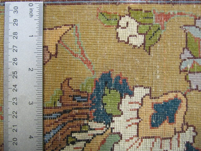 9.2 x 18.2 Fine Persian Tabriz Rug IVORY GOLD BIRD DEERS #PIX-15560