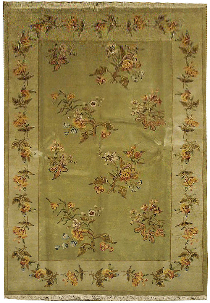 5.8 x 9 NEW Art Deco Pattern Hand0knotted Wool & Silk Rug GREEN #PIX-23854