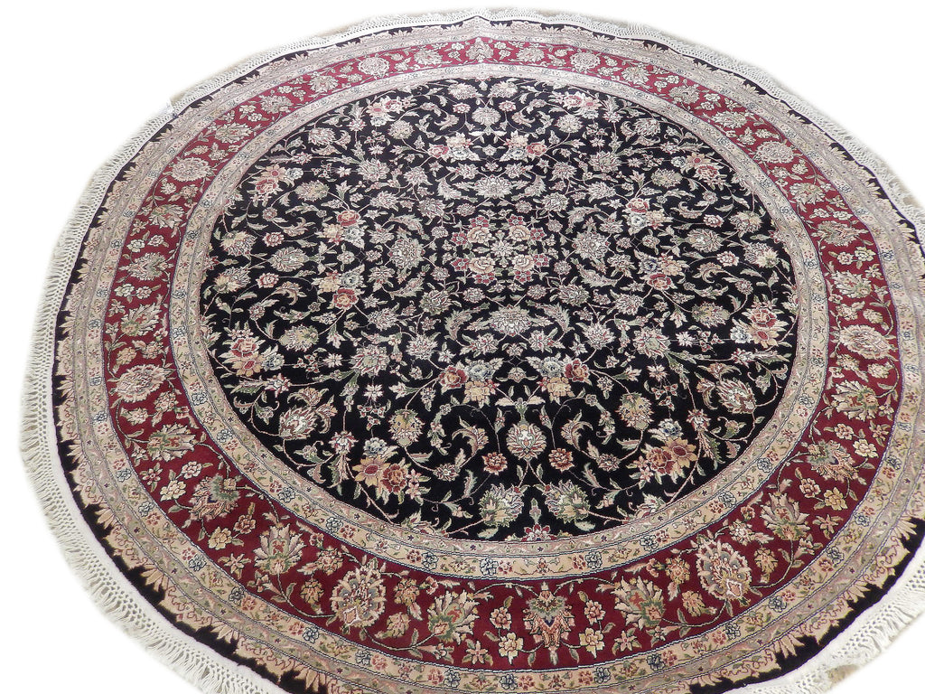 8 feet ROUND Fine Weave Quality Wool and Silk Pile Hand knotted Rug BLACK  #PIX-25740A