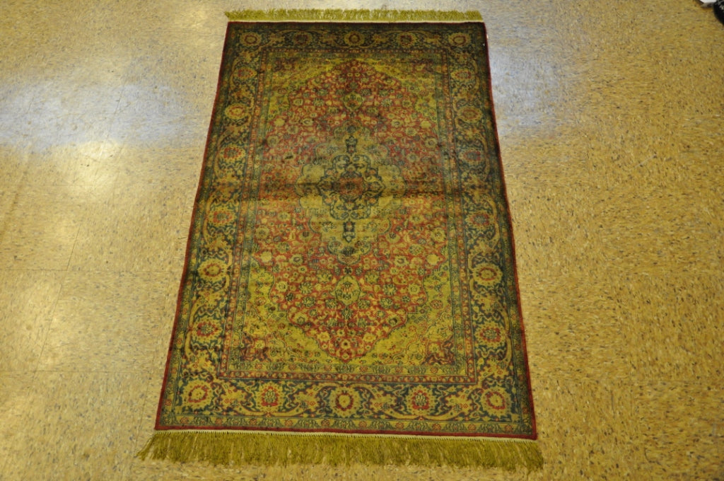 3 x 5 Fine Silk Handmade Overdyed Gold Coral Rug #PIX-28728