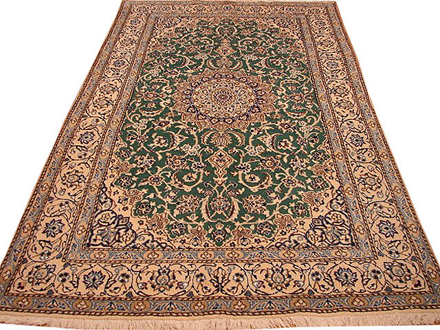 5 x 8 Authentic Signed Persian Green Nain Rug Wool and Silk Handmade Iran-#PIX-4241