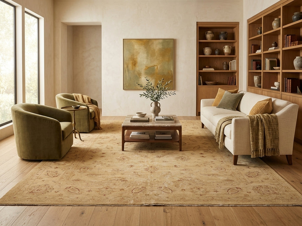 A large beige patterned area rug covers a hardwood floor in a styled living room with a cream sofa, olive green armchairs, a wooden coffee table, and built-in wooden bookshelves.