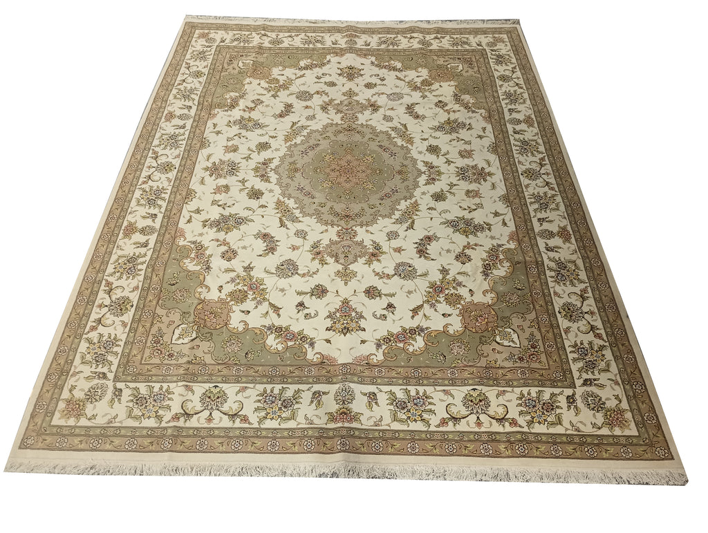 9' x 12' Quality Wool and Silk Tabriz Rug IVORY SAGE #PIX-5960