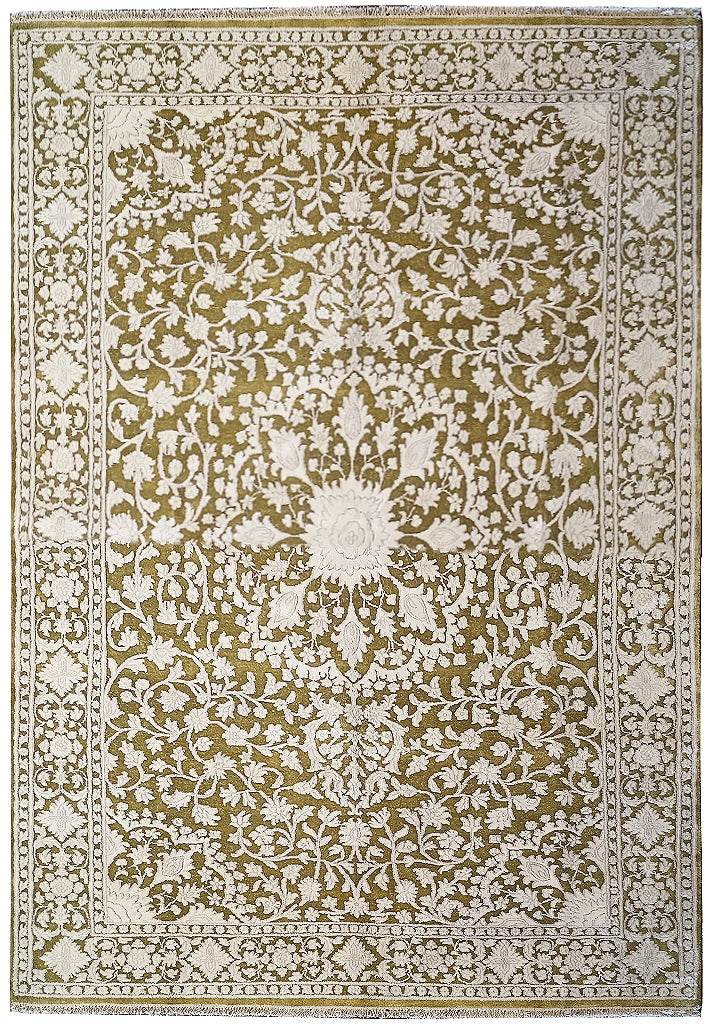 6 x 9 Olive Green Ivory Wool & Silk Tabriz Rug #PIX-13161